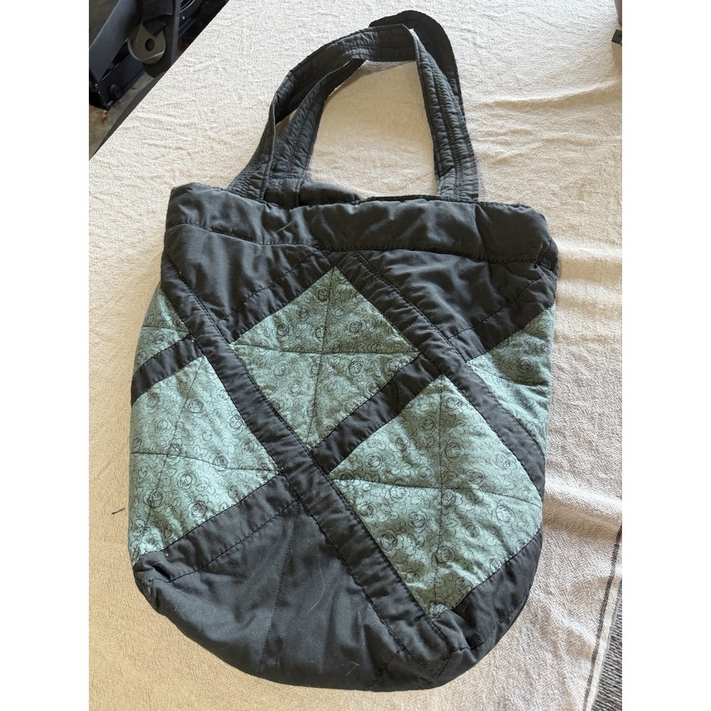 VTG 90s Quilted Patchwork Floral Tote Bag Black Sage Green Geometric Boho Purse